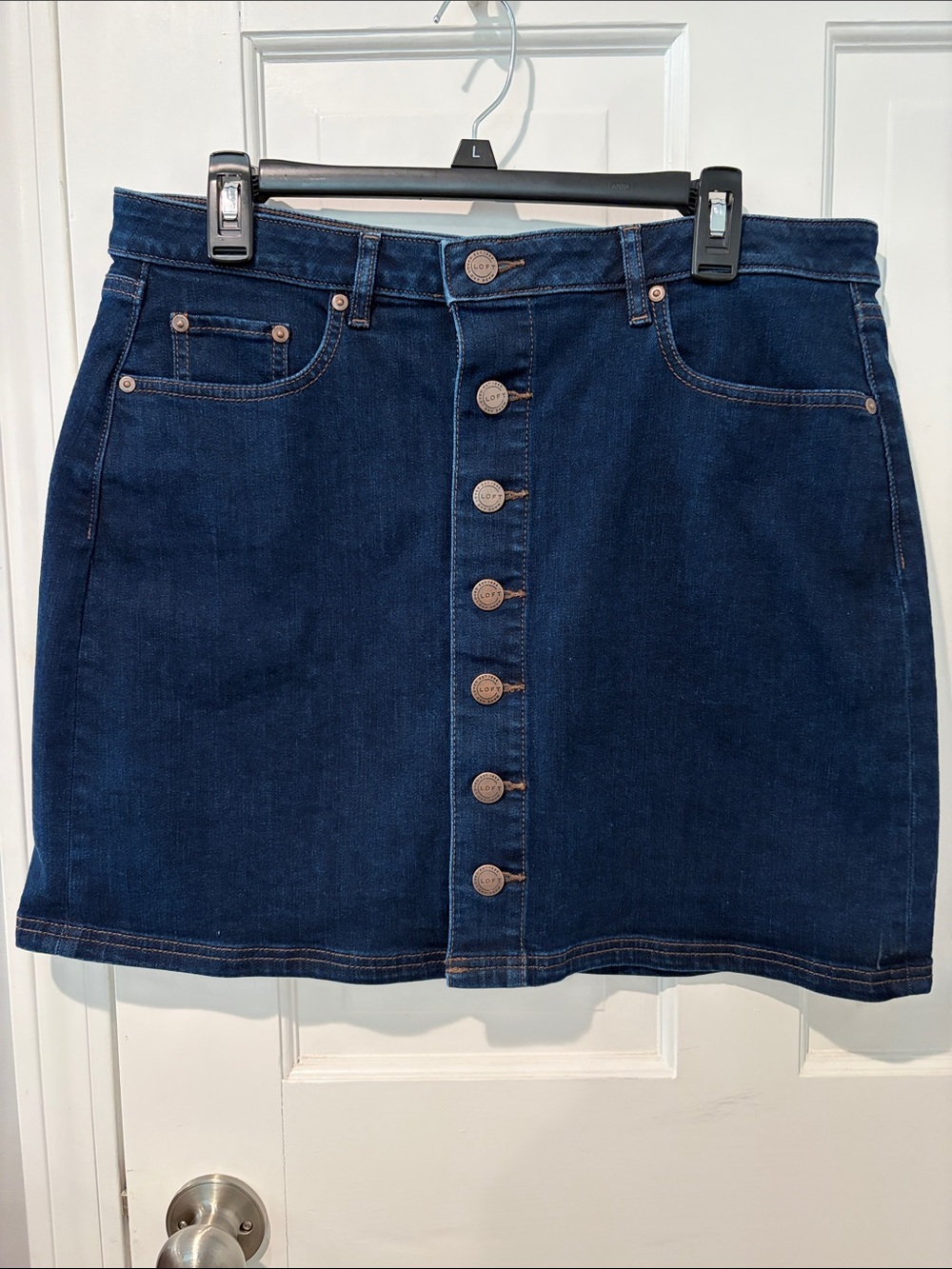 LOFT Dark Blue Denim Button-Front Mini Skirt